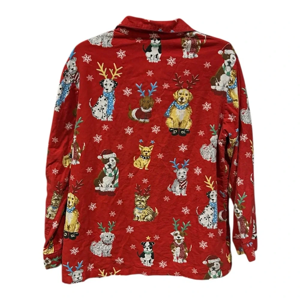 NICK & NORA VINTAGE Reindeer Dog Red Pajama‎ Top Cotton Flannel L